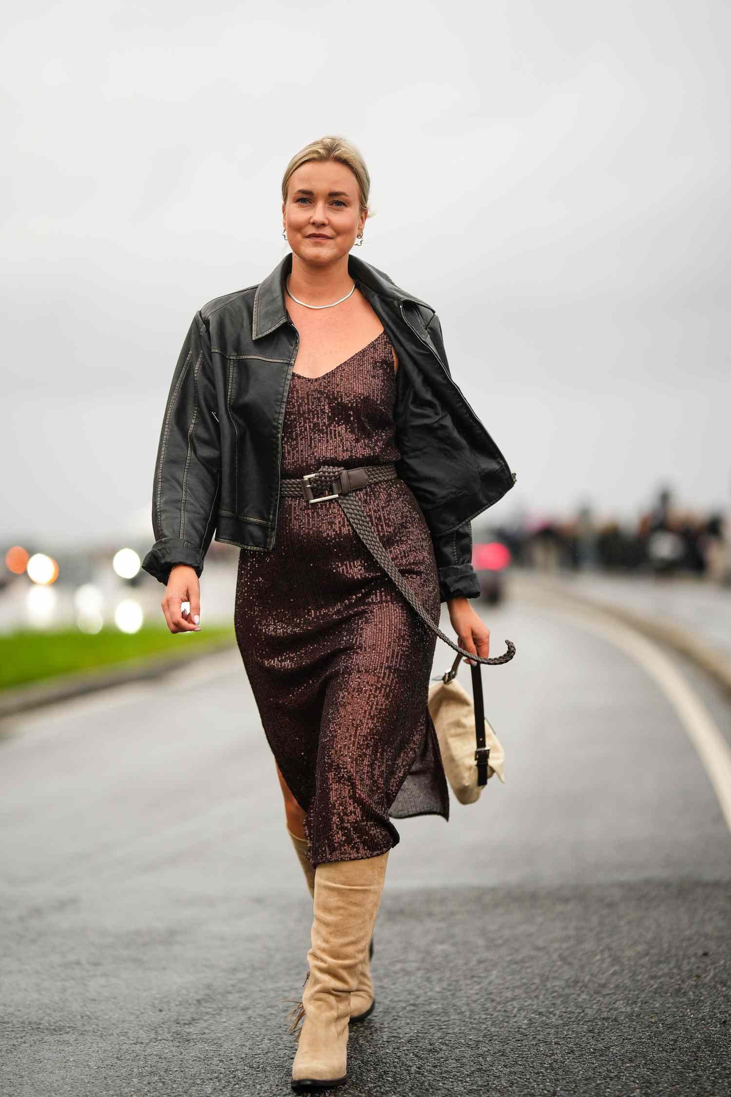 woman wear brown sequin dress