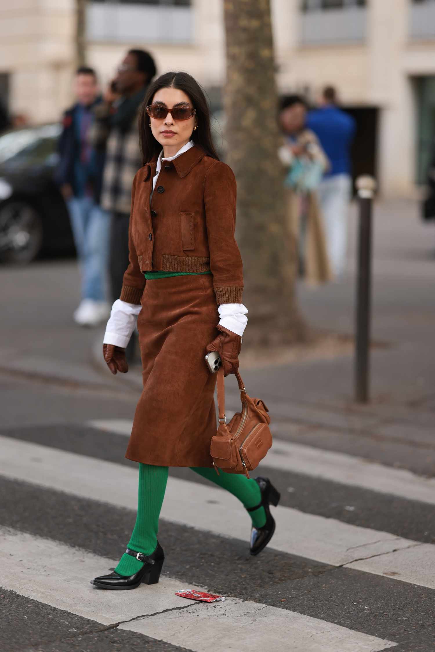 woman wear brown suede outfit