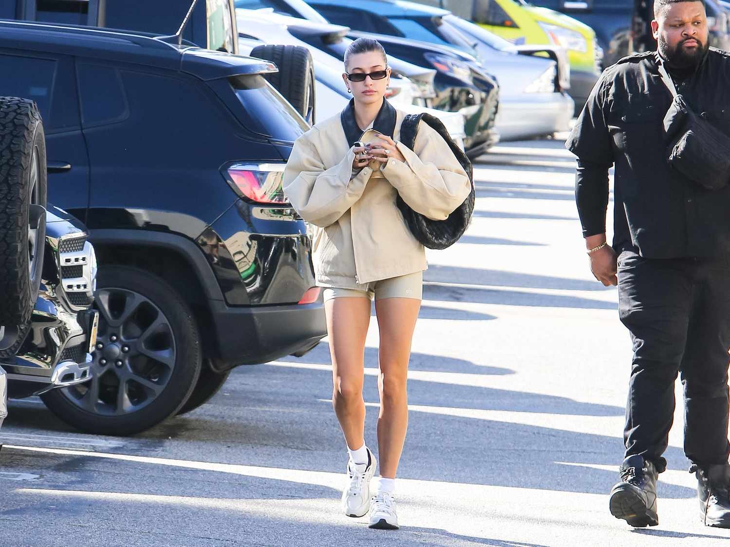 Hailey Bieber in bike shorts