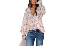 Amazon Biucly Women's insouciant Boho floral print volt neck long Sleeve Drawstring Top