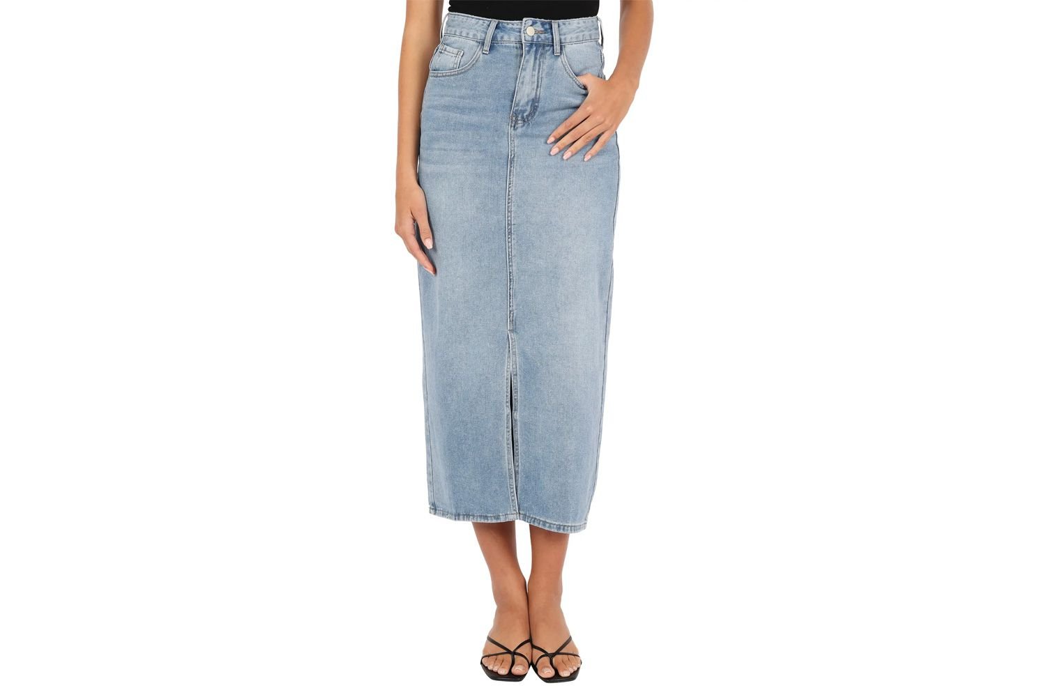 Dana front slit blue jean Midi skirt flower petal & Pup